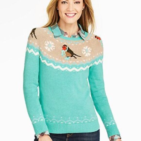 NWT Talbots Fair Isle Snowbird Crewneck Lambswool Sweater Womens L Petite - Picture 1 of 6